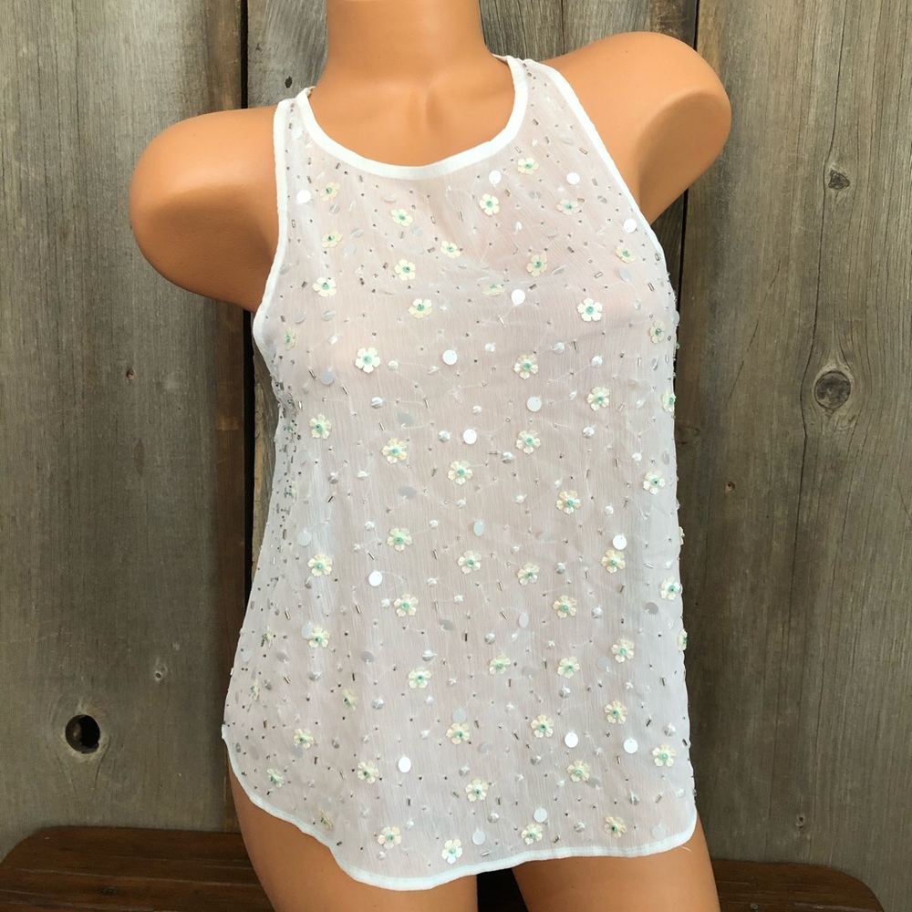 Abercrombie & Fitch Sequin Racerback Sheer Tank in White Size Small